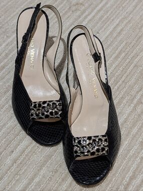 Gianvito Vernanzi Black Slingback Peep-Toe Heels with Embellished Accent